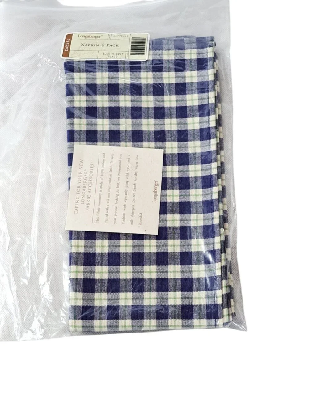 Longaberger Set Of 2 Blue Ribbon Plaid Fabric Napkins